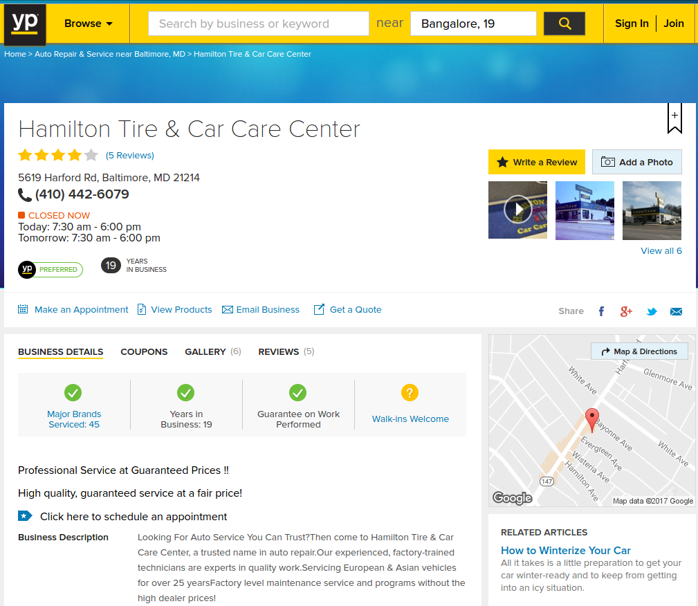 Example of a itation on a Yellow Pages