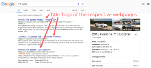A picture highlighting the title tags in the search engine results page