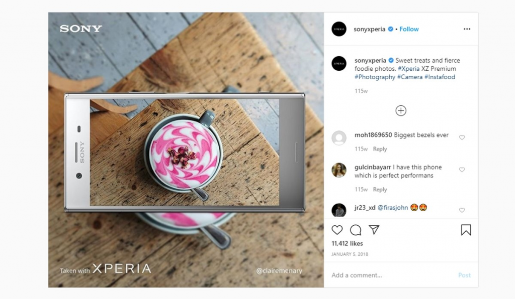 A screenshot of Sony's influencer campaign on instagram promoting its Xperia line of phones