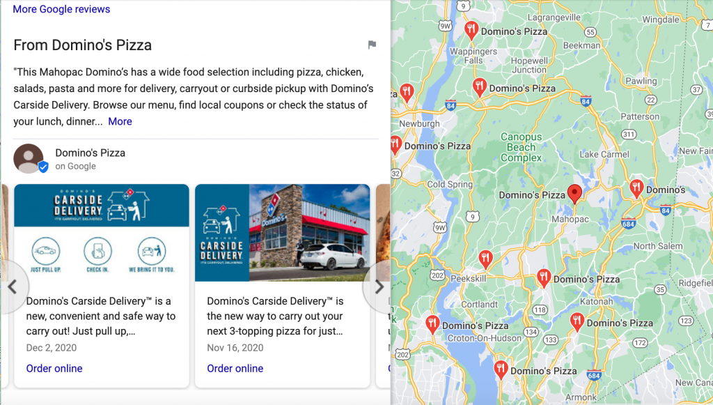 A screenshot of Dominos' local PR marketing on Google reviews