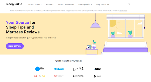 A screenshot of Sleep Junkie's home page 