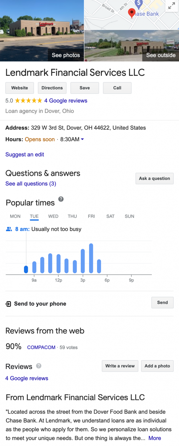 A screenshot of Lendmark financial's GMB profile
