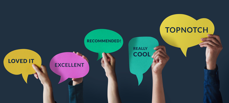 Customer Experiences Concept. Group of Happy People Raised up Hand to Giving a Positive Review on Speech Bubble Card. Client's Satisfaction Surveys. Front View