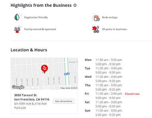 An image of a yelp profile for a restaurant with vegetarian and vegan friendly food
