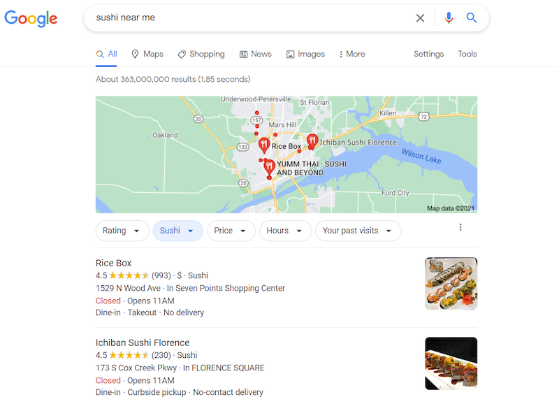 A screenshot of a google search query for sushi near me