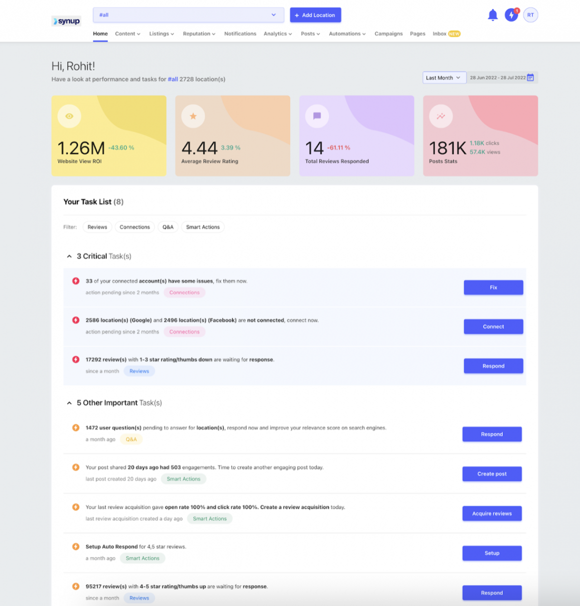 View KPIs and Pending Tasks with Synup Home | LaptrinhX