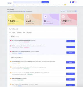 Synup Home shows users key metrics and pending tasks