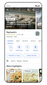 google's new update showing restaurant specialties