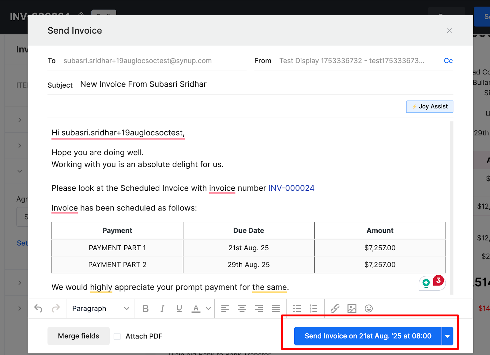 Synup OS Invoice Schedule